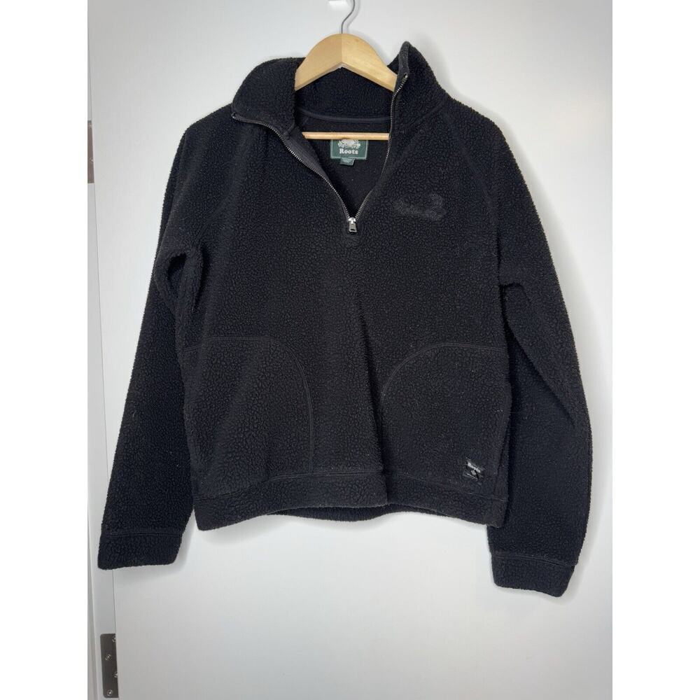 Roots Womens Shearling Sherpa Fleece 1/4 Quarter Zip Pullover Size Small Black